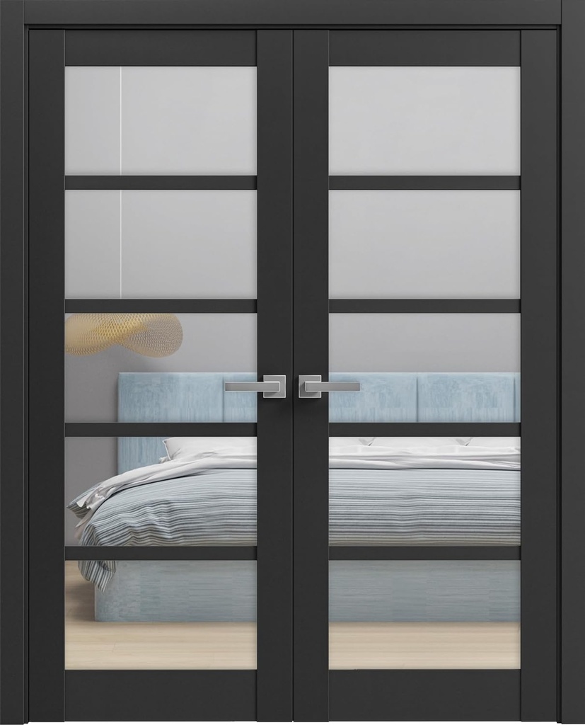 SARTODOORS Quadro 4522 | Double Swing Interior French Doors with Glass, MDF, Prehung, Hardware Included, 72x80, Black, Modern