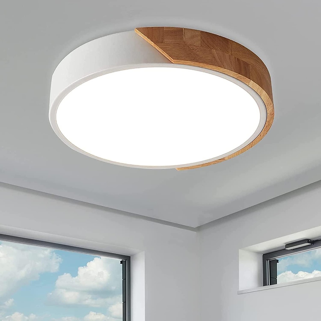 Flush Mount Ceiling Light, 12 inch LED Ceiling Light Fixture, Matte White with Wood, 4500K/24W(150w Equiv.), Not Dimmable Indoor Lighting Fixtures Ceiling for Bedroom and Hallway