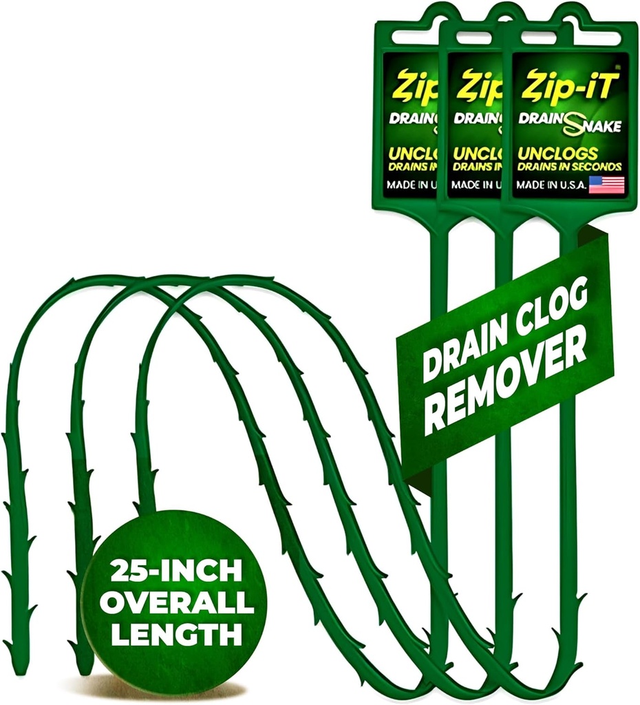 The original Zip-It Hair Clog Remover 25-inch Overall Length Drain Snake Cleaner (3-Pack), Unclog Your Sink, Shower, & Tub Drain In Seconds – Non-toxic, Made in the USA