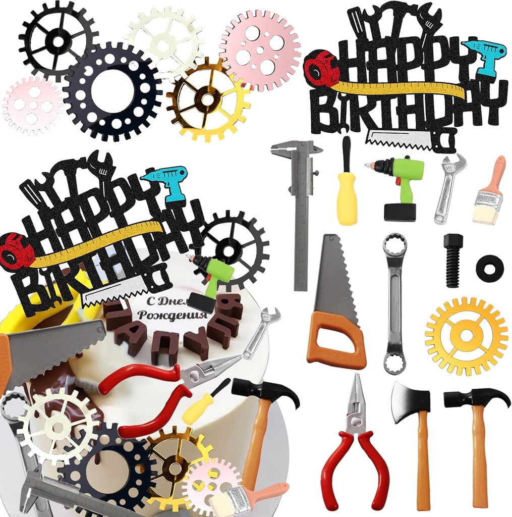Tools Cake Topper Wrench Hammer Drill Plier Handsaw Tape Measure Screwdrivers Themed Happy Birthday Party Cake Decor