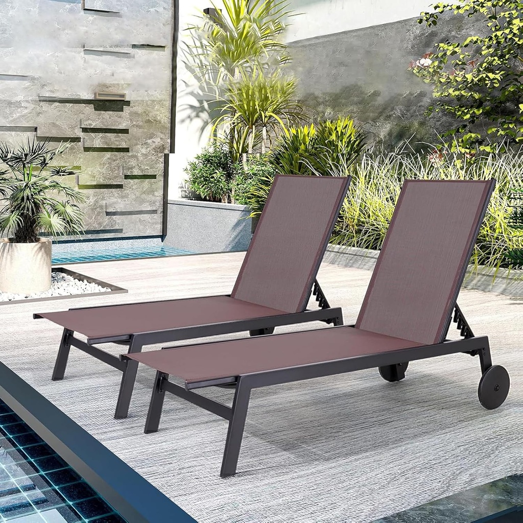 EROMMY Patio Chaise Lounge Chair Set of 2 with Wheels, Outdoor Lounge Chairs with Adjustable Backrest, Waterproof Poolside Lounge Chairs
