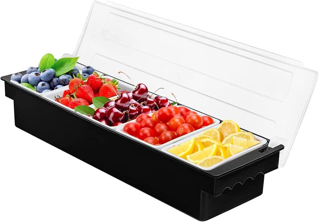 5 Compartment Plastic Dispenser Fruit Veggie Condiment Caddy with Lid，Ice Cooled Condiment Serving Container Chilled Garnish Tray Bar Caddy for Home Work or Restaurant (Black)