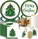 Nitial 240 Pcs Christmas Paper Plates and Napkins Serve 30 Guests Disposable Tableware Set Plates Napkins Cups with Knife Fork Spoon (Green, Christmas Tree Style)