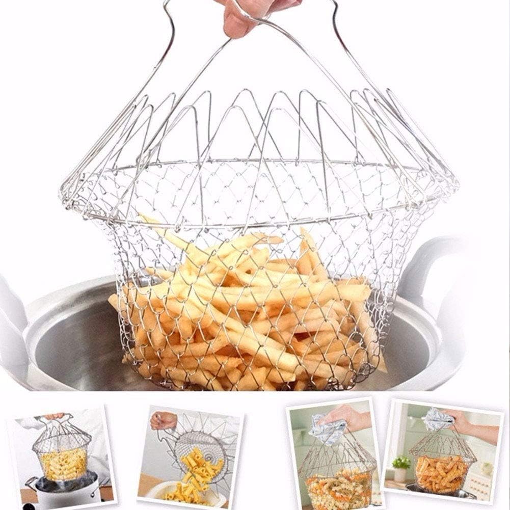Fry Chips Basket, Stainless Steel Strainer, Kitchen Frying Helper Multi-Functional Easy Draining Cool Handle, Folding Design for French Chips Onion Rings, Steaming Colander