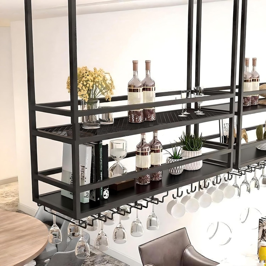 Ceiling Wine Glass Rack, Hanging Wine Display Shelf 2-Tier, Bar Liquor Storage Shelf for Bar Cafe Kitche, Metal Wine Bottle, Goblet Stemware Rack (Black, 31.49x39.37x11.81in)