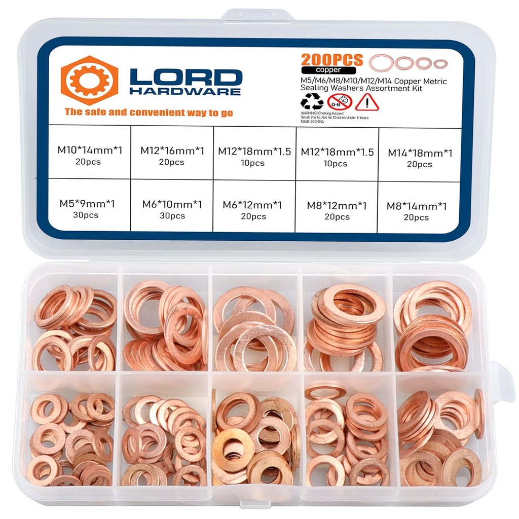 200pcs Copper Crush Metric Washers Assortment Kit Flat Sealing Washer M5 M6 M8 M10 M12 M14 (9 Sizes)