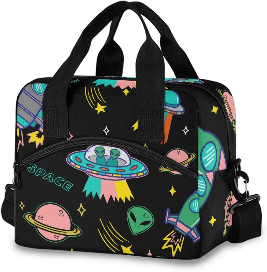 OREZI Insulated Lunch Tote Bag for Adult Men Women,UFO Aliens Spaceship Planet Kid's School Lunchbox with Detachable Shoulder Strap for School Office Fishing