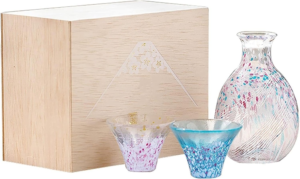 Japanese, Glass Sake Pot Sake Cup Colorful Transparent Used for Home Party and Great Gifts 2 Sake Cups +1Sake Pot