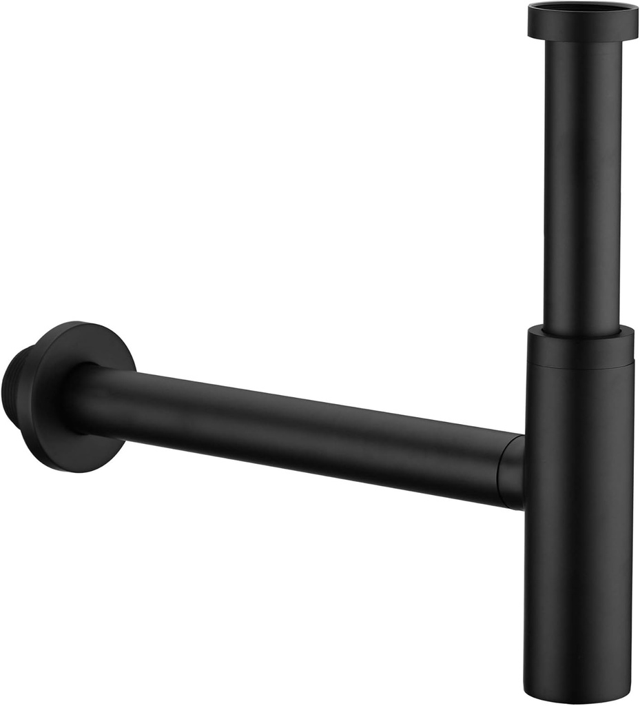 All Brass Round Bottle P Trap, 1 1/4 Bathroom Basin Sink Waste Trap Drain Tube Kit Extra Long Slip Joint Extension Tube Tailpiece for Sink Drain, Adjustable Height Matte Black