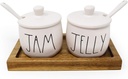 Rae Dunn By Magenta JAM JELLY Ceramic LL Condiment Pots Container Jars With Lids Serving Spoons & Wood Tray 2020 Limited Edition