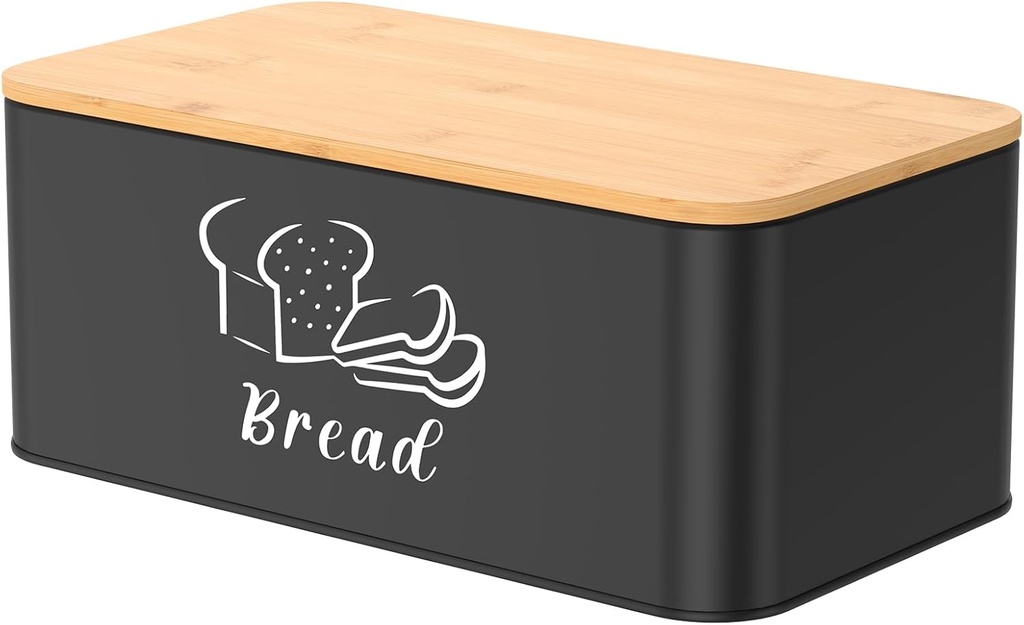 Metal Bread Box With Bamboo Cutting Board Lid, Easy Cleaning Breathable Bread Storage Container for Kitchen Countertop(black)