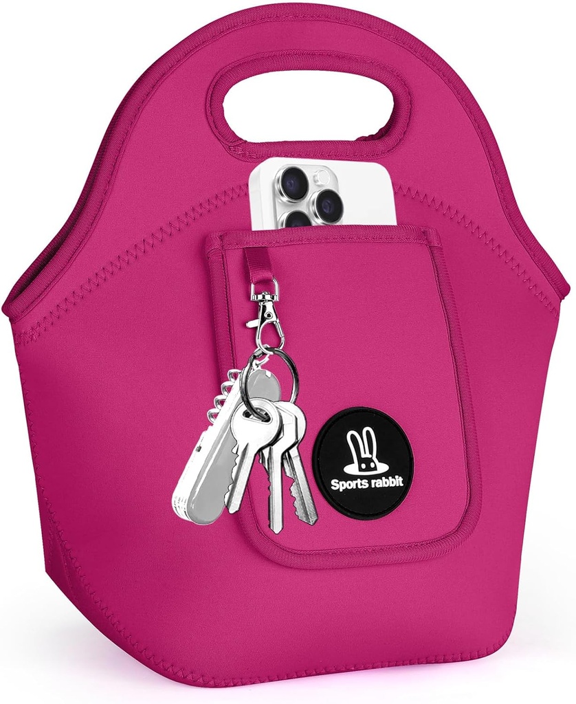 Sports Rabbit Insulated Neoprene Lunch Bag for Women – Foldable Lunch Tote with Front Pocket for Phone & Keys – Reusable, Lightweight, Waterproof, Easy Clean – Ideal for Work, Travel, Picnic(Rose Red)