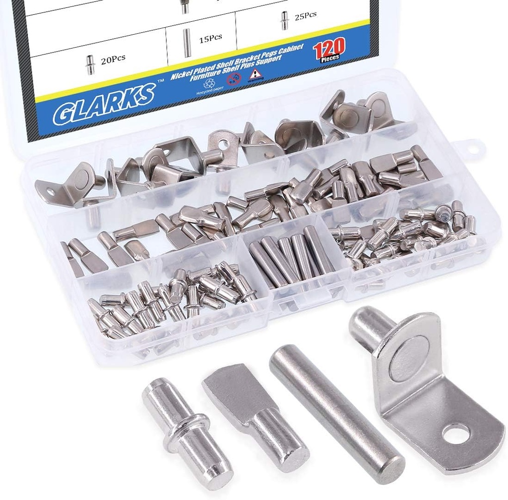 Glarks 120-Pieces 4 Styles Shelf Bracket Pegs Cabinet Furniture Shelf Pins Support Nickel Plated - Silver