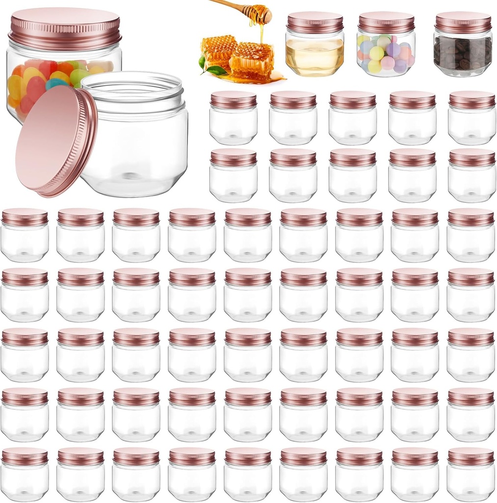 Tanlade 60 Pcs 3 oz Clear Plastic Jars with Lids Wide Mouth Mason Jars Mini Storage Containers Bulk for Herb Jelly Wedding Valentine Favors Shower Party Favors(Rose Gold)