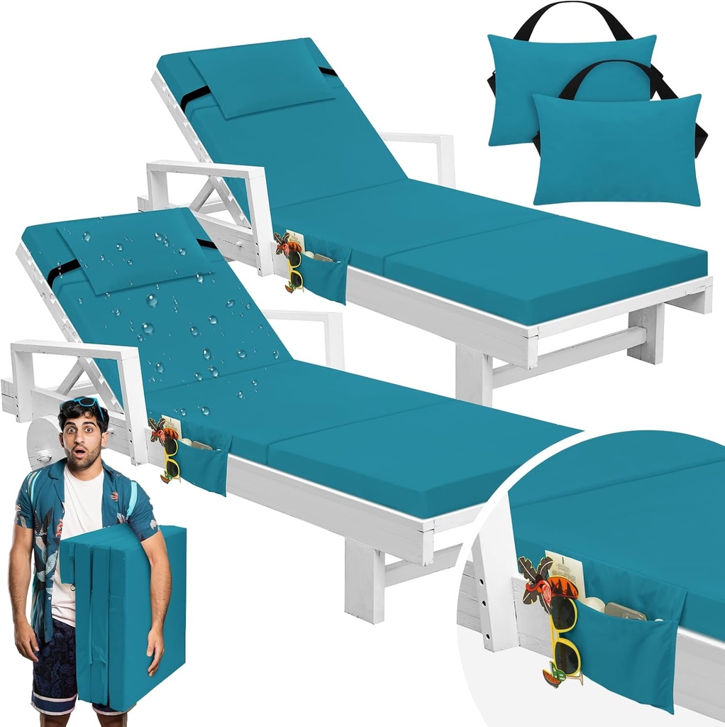Bucherry 2 Pcs Chaise Lounge Cushions Outdoor with Headrest and Side Pocket Waterproof Chair Cushions Fade Resistant Patio Replacement Cushion Outdoor Furniture Pool 72 x 21 x 3 Inch(Lake Blue)