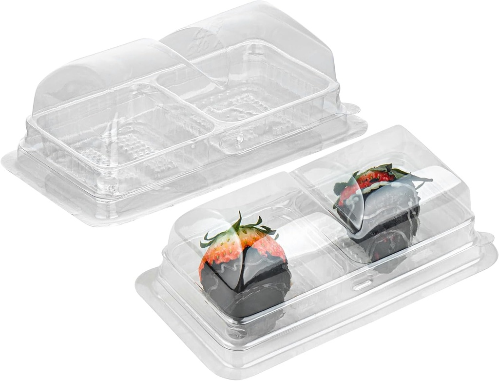Restaurantware Thermo Tek 5.3 x 2.6 x 1.8 Inch Dessert Containers 100 Duo Compartments Transparent To Go Boxes - With Dome Lid For Small Desserts Clear Plastic Food Packaging Containers