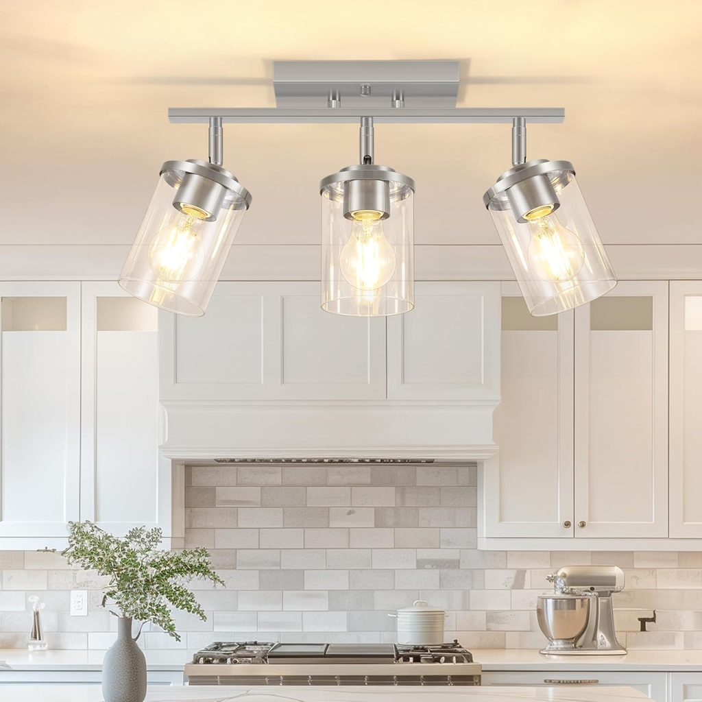 FadimiKoo 3-Lights Kitchen Light Fixtures Ceiling Mount, Brushed Nickel Adjustable Semi Flush Mount Ceiling Light with Clear Glass, Multi-Directional Track Spotlights for Kitchen Hallway Bathroom