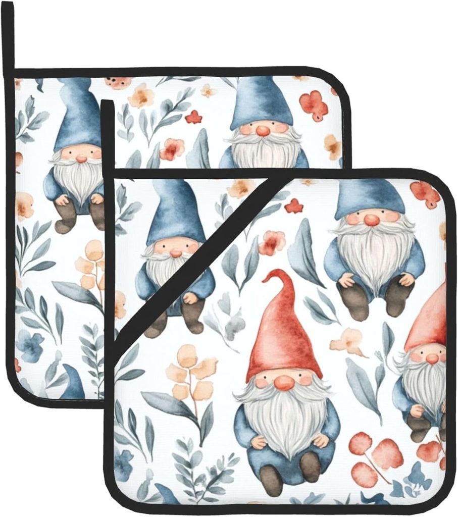 Cute Gnomes Florals Pot Holders Set of 2 Kitchen Decorative Heat Resistant Potholder Cotton Lining Oven Hot Pads for Cooking Baking Microwave Oven End Dishes BBQ Holiday Decors