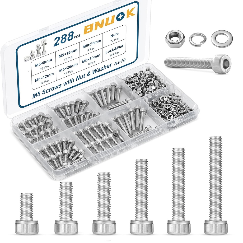 288 PCS M5 Screws Assortment Kit, 304 Stainless Steel M5 Bolts Kit, M5x 8/12/16/20/25/30mm, Hex Socket Head Cap Screws Bolts Nuts Washers Set