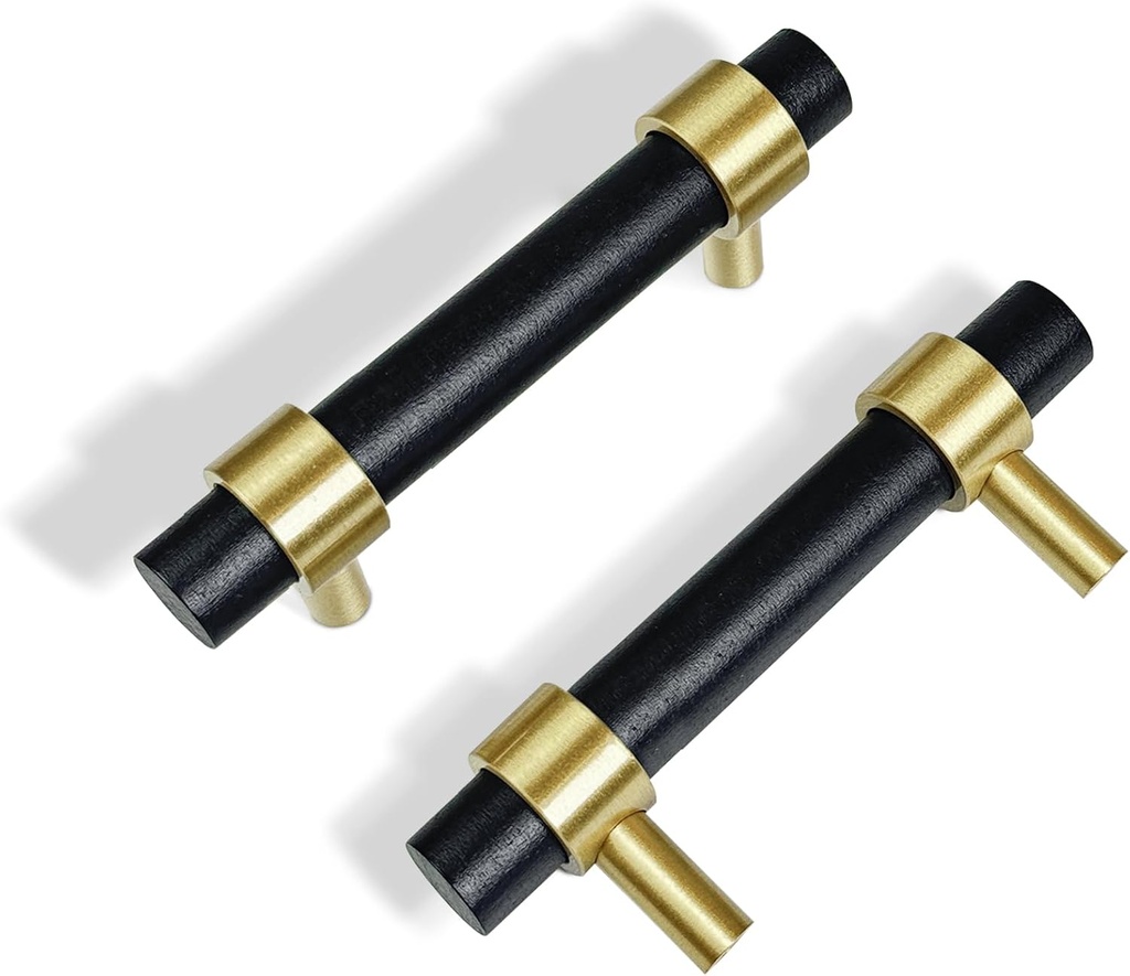 Wood and Brass Dresser Handles Adjustable 0~3 Inch Black Double Hole 4Set Center to Center Euro Scandi-Modern Kitchen Cabinet Pull, Unfinished DIY Wood and Metal Drawer Knob