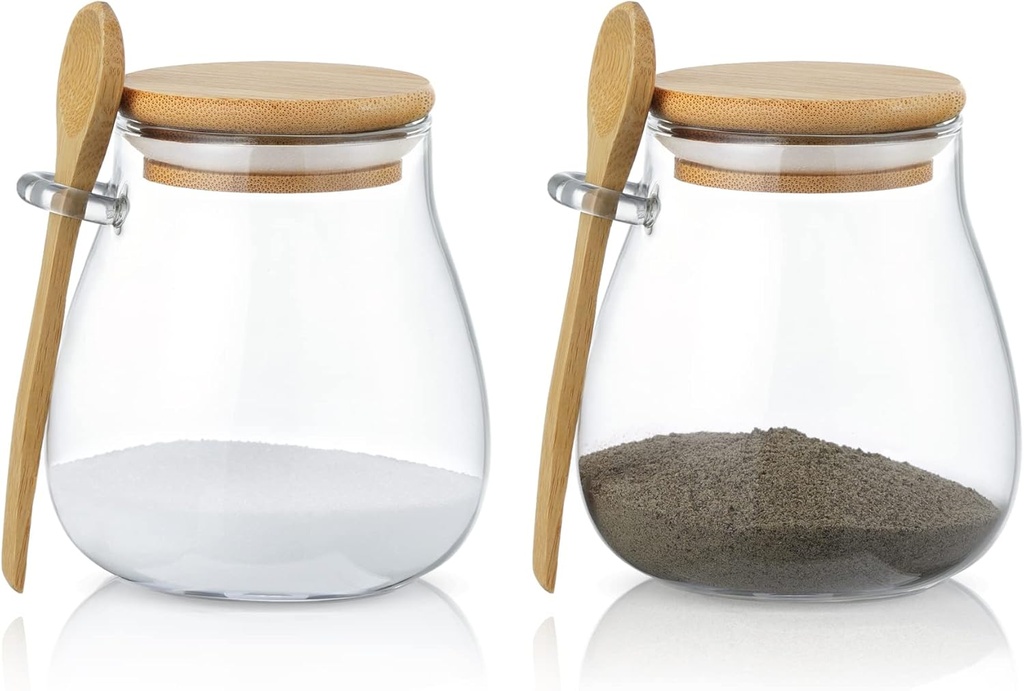 Joeyan Glass Jar with Airtight Bamboo Lid and Spoon Attached, 12 oz Salt Sugar Spice Seasoning Container, Clear Condiment Pot, Glass Food Storage Canister for Kitchen Countertop Pantry, Set of 2