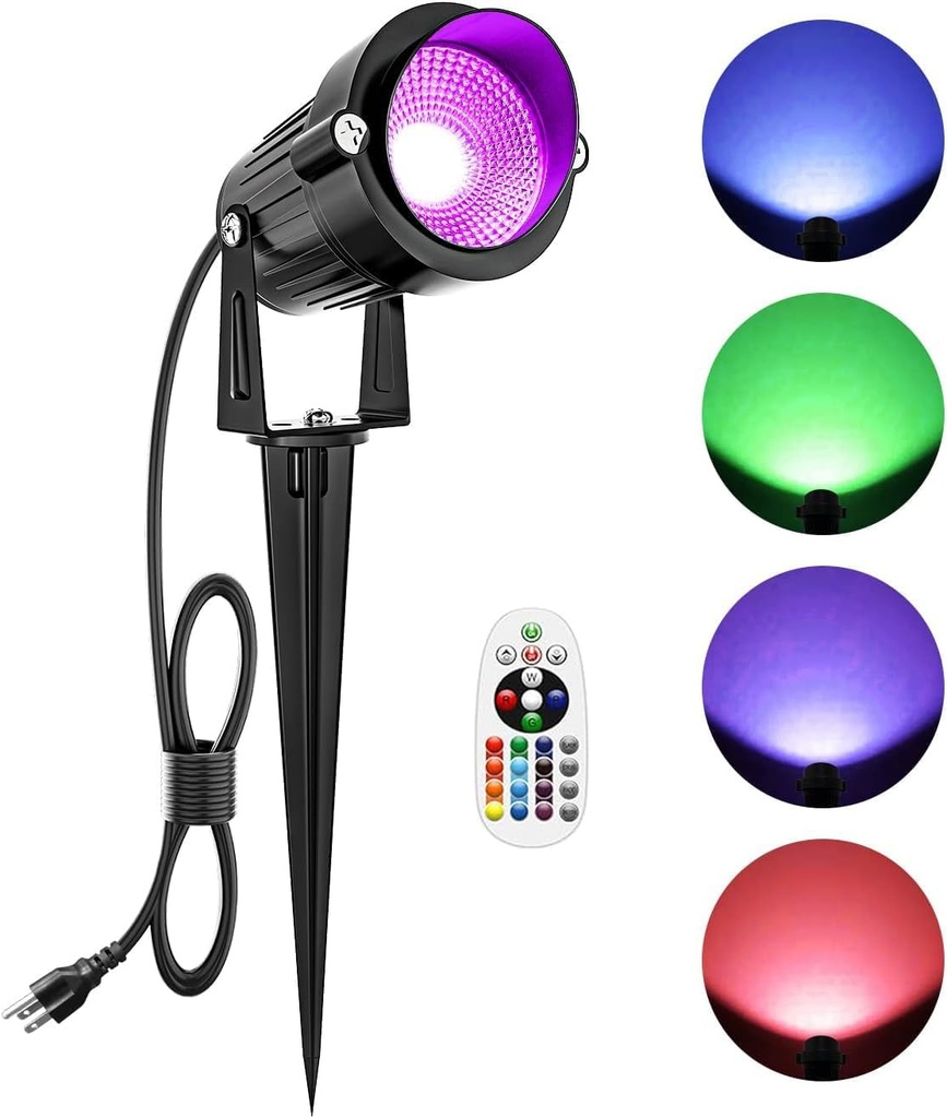 ZUCKEO Christmas Spotlights Outdoor LED Spot Lights for Yard, 10W RGB Color Changing Landscape Lights 120V Waterproof Spotlight with Plug & Remote for House Garden Path Tree Decoration(1Pack)