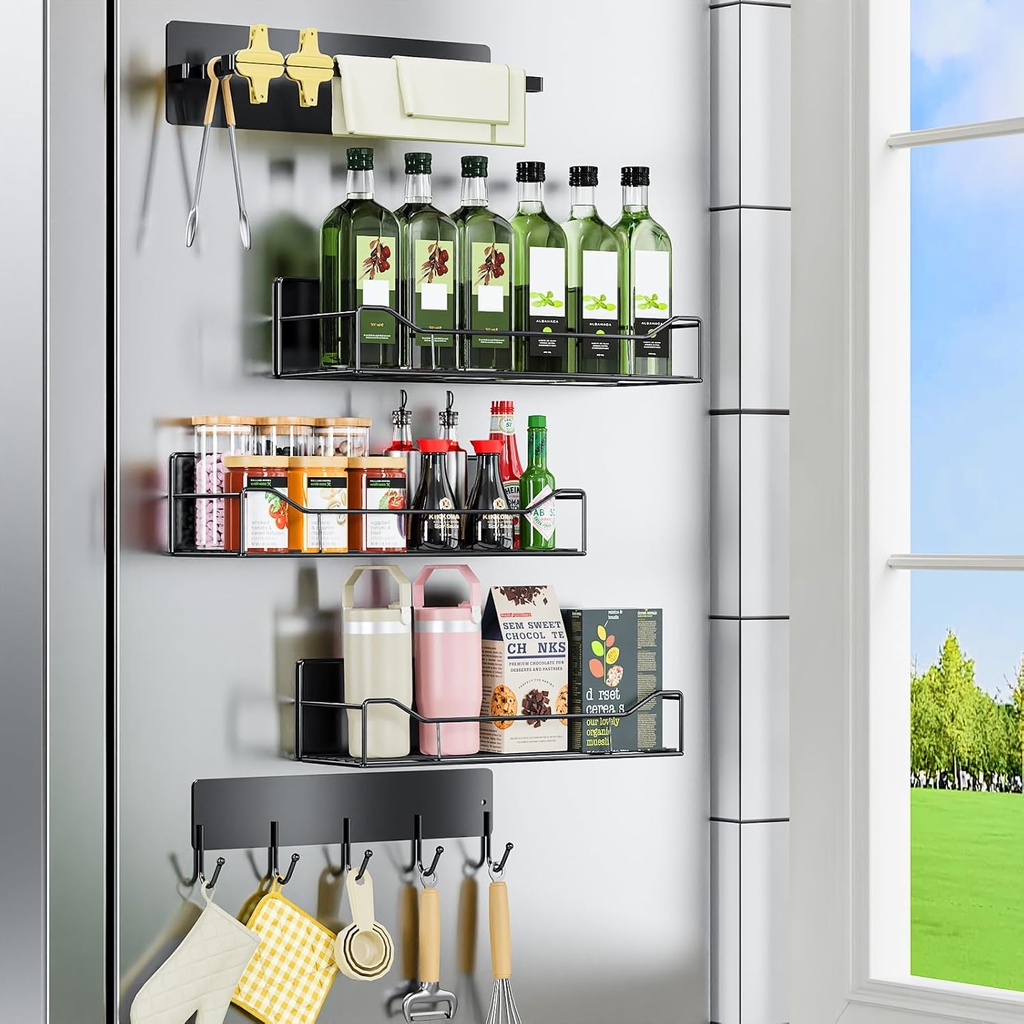 5 Pack Multifunctional Magnetic Shelves for Refrigerator Spice Rack & Washing Machine Organize, Include Towel Rack, Kitchen Utensil Hanger and Hooks, Strong Magnet for Secure Hold (Line style, Black)