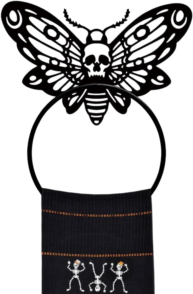 MAYJOYDIY Death Head Moth Metal Towel Ring Halloween Skeleton Insects Towel Holder Bath Towel Ring Black Art Towel Rack for Bathroom Kitchen Towel Hanger Home Decors Gift