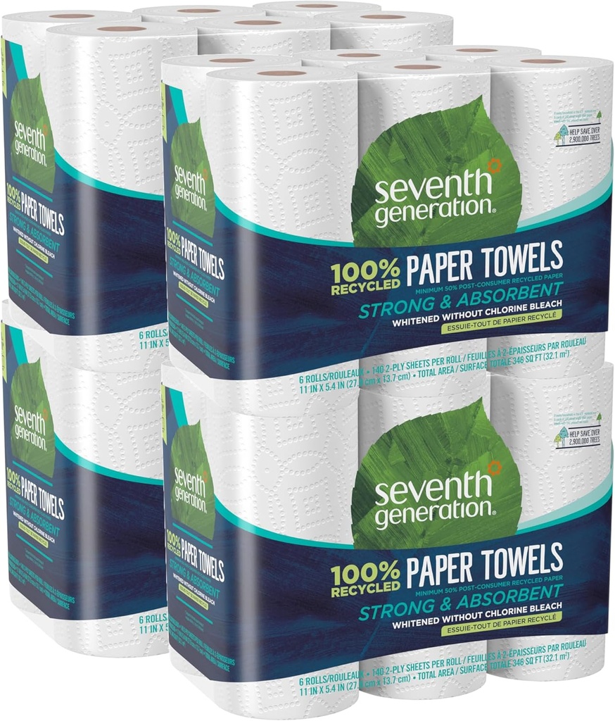 Seventh Generation Paper Towels 2-Ply 4 Pack 100% Recycled Paper 6 Rolls