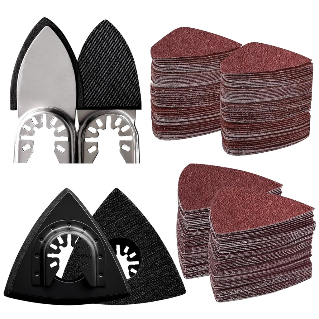 104Pcs Oscillating Tool Detail Sanding Pads Kit 2Pcs Triangle Sanding Pads and 2Pcs Finger Sanding Pad 100Pcs Multitool Sandpaper Grit Fit for Finishing Wood Sanding Plaster
