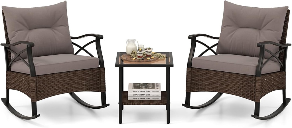 HAPPYGRILL 3 Pieces Patio Wicker Rocking Bistro Set, Wicker Rocker Chairs Set with 2-Tier Coffee Table & Cushions, Rattan Outdoor Rocking Chair Conversation Set for Backyard, Front Porch, Poolside