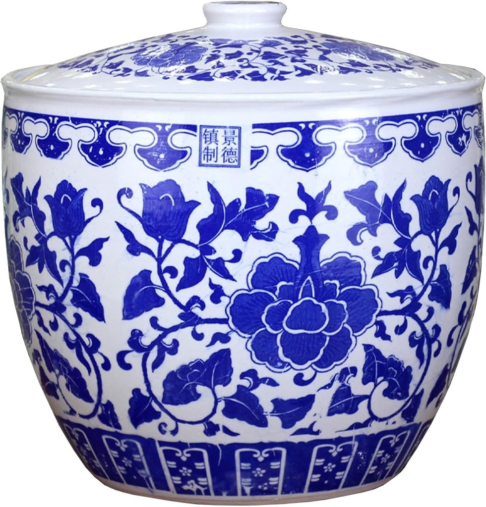 Blue and White Ceramic Rice Jar, Ceramic Rice Storage Container, Ceramic Rice Bucket with Lid, Classic Food Dispensers, Sealed Rice Storage Jar for Noodles Rice Snacks(20x21cm/7.9x8.3in)