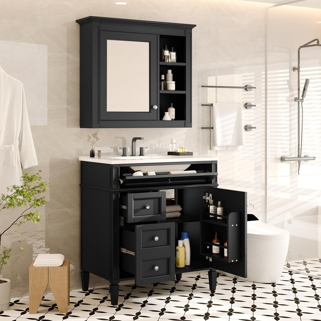 Linique 30" Bathroom Vanity with Wall-Mounted Medicine Cabinet Set and Mirror, Bathroom Storage Cabinet with Ceramic Sink, 2 Drawers and a Tip-Out Drawer, Black