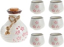 7 Pieces Sake Set with 1 Sake Bottle and 6 Cups, Thread Sake Set Hand Painted Handmade Ceramic Porcelain Sake Shell,Pink-Beige