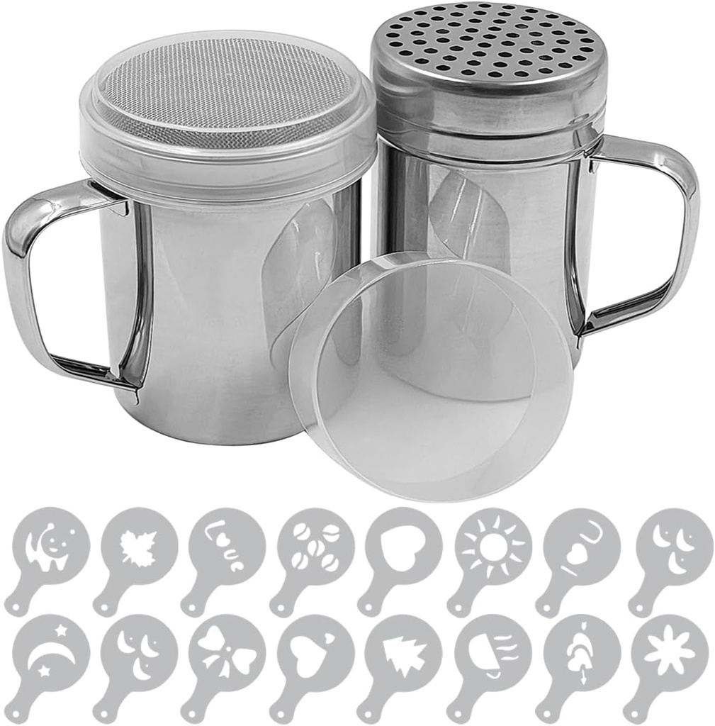 Large Size Powdered Sugar Shaker Duster with Handle, 2pcs Stainless Steel Powder Shakers for Pepper Cinnamon Powder Flour with Printing Molds Stencils - Fine & Large Mesh
