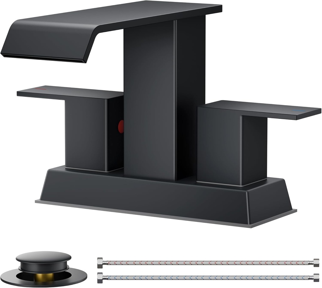 FORIOUS Square Waterfall Matte Black Bathroom Faucets 3 or 2 Hole for 4 Inch Centerset Sink with Metal Pop Up Drain and Hose, Double Handle Operation, Suitable for Vanity RV Restroom Remodel