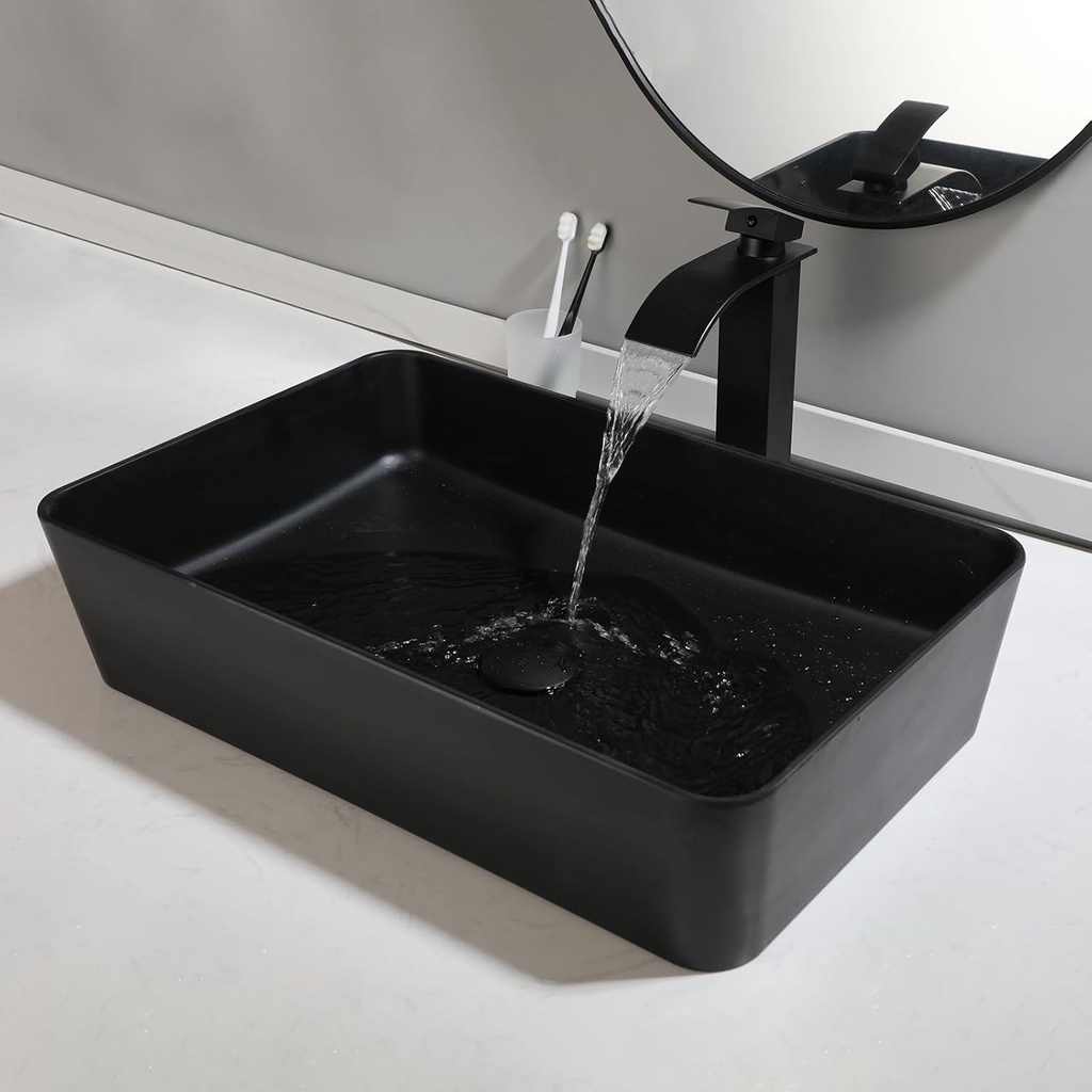 Stone Resin Vessel Sink with Faucet and Drain Combo 22 Inch Bathroom Sink Above Counter Matte Black Rectangular Vanity Sink Bowl for Bathrooms