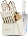 Knife Set,Astercook Kitchen Knife Set with Block 14-Piece Full Tang Stainless Steel Knives with Sharpener Dishwasher Safe and Anti-Slip Ergonomic Handle Elegant Cream White Utensils Set