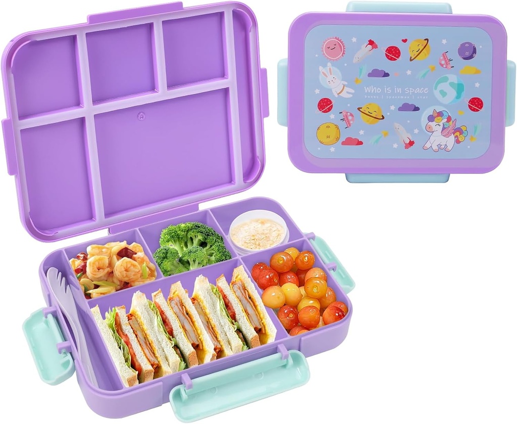 Bento Box for Kids,Ideal Leakproof Bento Lunch Box Containers with 5 Compartments and Utensils, Microwave & Dishwasher Safe (1200ml Purple)