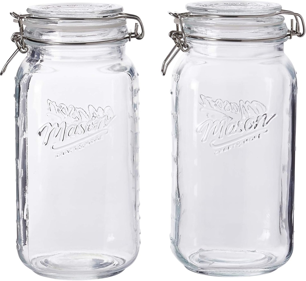 Mason Craft & More Airtight Kitchen Food Storage Clear Glass Clamp Jars, 67 Ounce (2 Liter) Large Clamp Jar