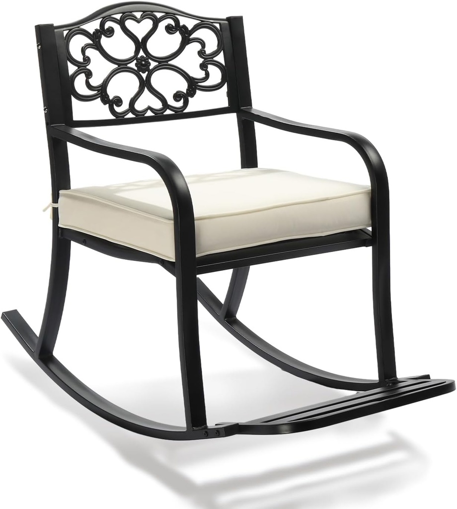 VINGLI Metal Rocking Chair, Outdoor Rocking Bench with Cushion, Patio Rocker with Footrest, Weatherproof Rocking Chair for Outside, Patio, Garden, Flower Backrest