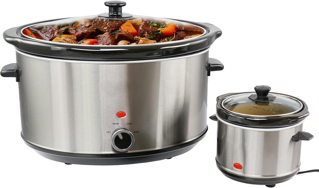 8 Quart Slow Cooker with Bonus Mini 0.6 Qt Food Warmer – Removable Ceramic Pot, Glass Lid, Cool Touch Handles, Dishwasher Safe – Large Crock Pot for Family Meals & Entertaining