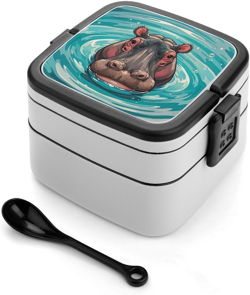 Cute Hippopotamus Bento Box Leak-Proof Double Layered Lunch Containers with Spoons And Invisible Handle, Portable Lunch Boxes for Work Picnic Travel