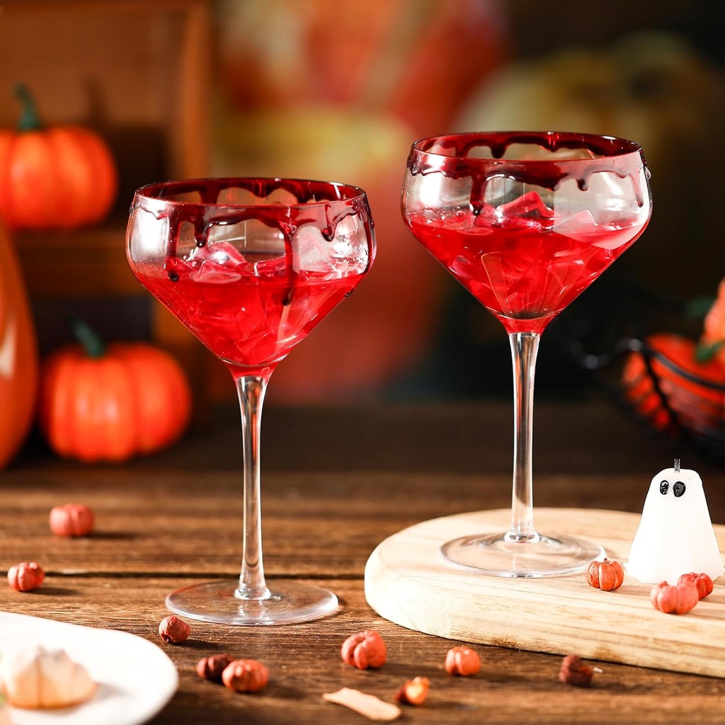 2 Pack Red Blood Halloween Martini Glasses Spooky Halloween Drinking Glasses for Cocktail Wine Martini Crystal Coupe Glass Triangle Vampire Cocktail Cups Drinkware Bar Goblet