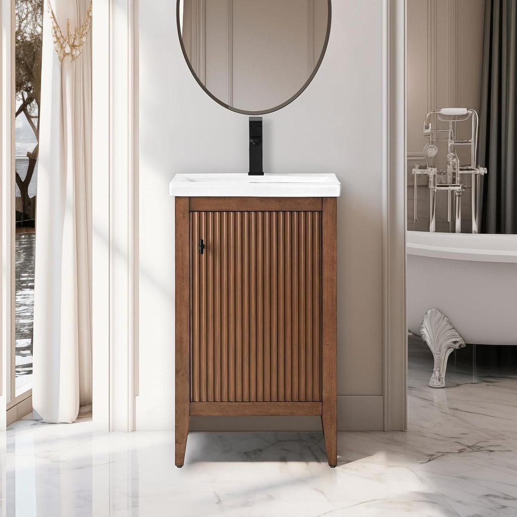 Vanity Art 20 inch Walnut Bathroom Vanity with Single Sink & Ceramic Top, Vanity Cabinet with Soft-Closing Door, Solid Wood Frame, Linear Pattern, Walnut, VA9120-Walnut-MB,Matte Black Handles