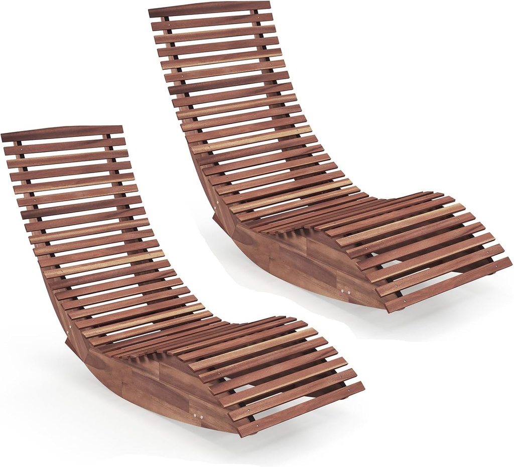 Giantex Outdoor Chaise Lounge Chair - Set of 2 Acacia Wood Outdoor Lounger, Patio Lounge Chair with Slatted Design, Rocking Chair, Patio Rocker for Sunbathing, Poolside, Beach Lounge Chairs