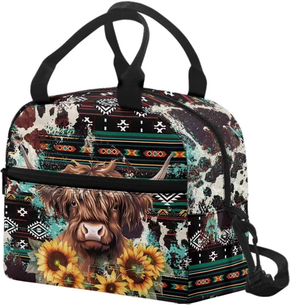 Gomyblomy Sunflower Highland Cow Lunch Bag for Women Aztec Design Lunch Box Insulated Bento Bag Reusable Thermal Cooler Tote Bags with Removable Strap and Pockets for Work Camping