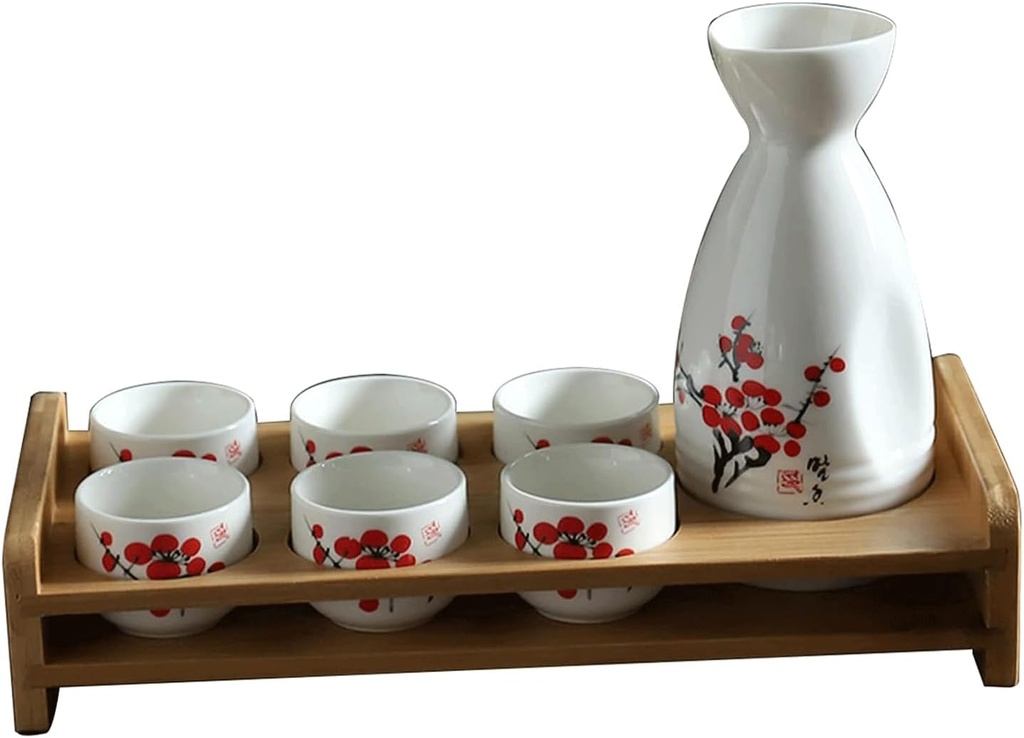 Ceramic Sake Set Sake Set 1 Sake Pot 6 Cups with Bamboo Shelf Sake Cup Set Traditional Ceramic Cups Crafts Wine Glasses