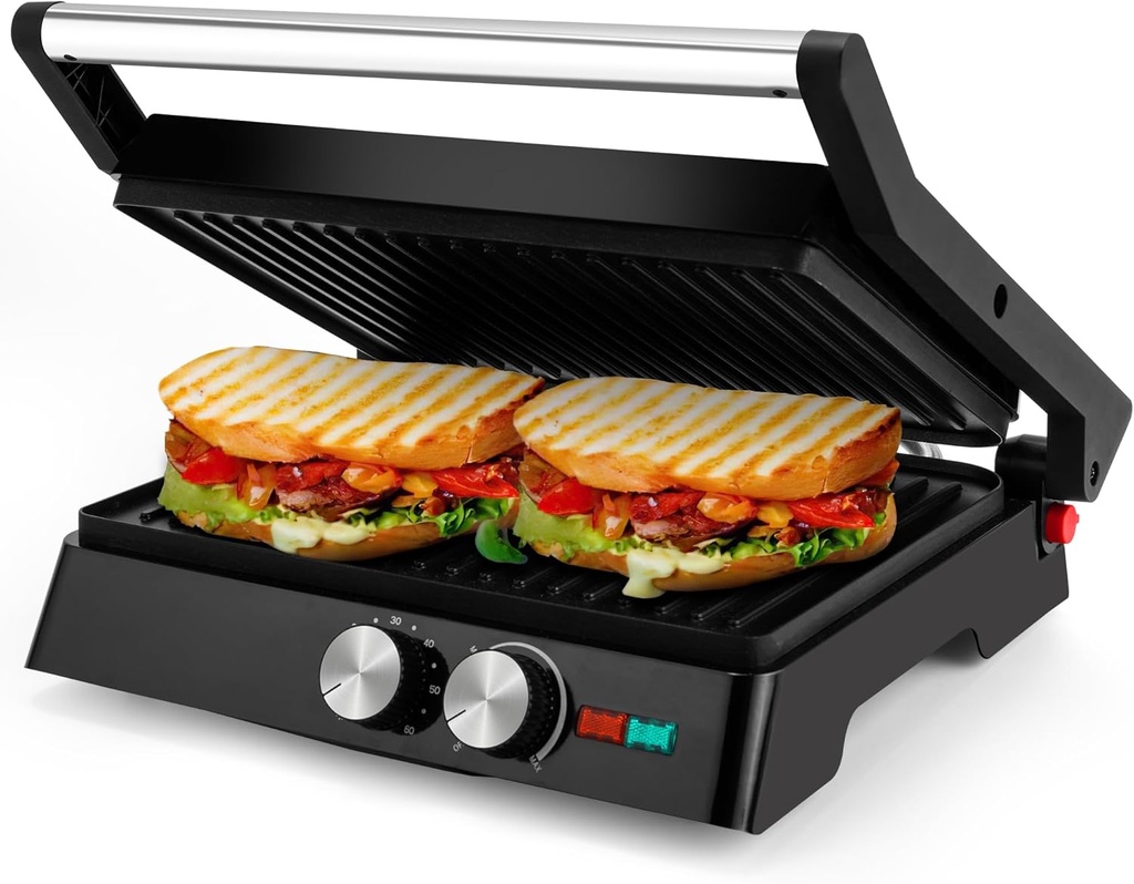 Pukomc Panini Grill Press,Sandwich Maker Press,Contact Grill, 1400W Non-Stick Grill, 60-Minute Timer, 180 Degrees Opening, Stainless Steel