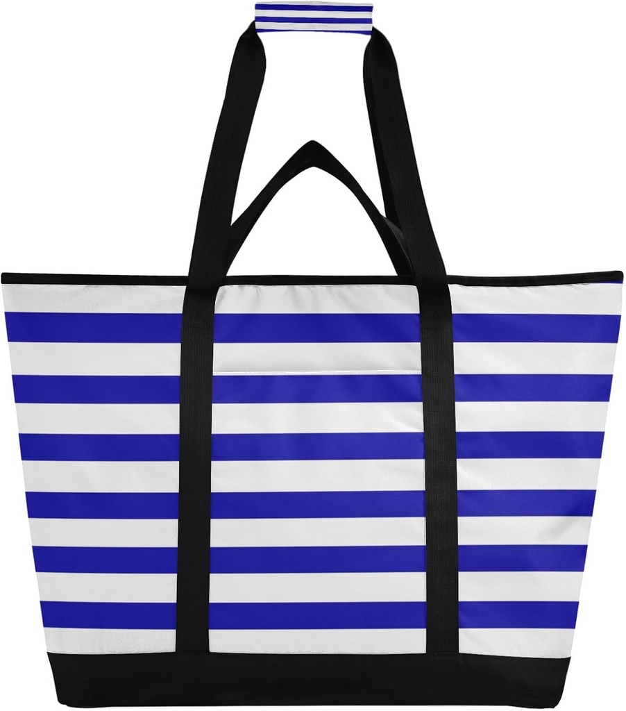Insulated Cooler Bag 30L, Navy Blue White Stripes Large Reusable Grocery Bags for Hot/Cold Food Delivery Bag Thermal Tote for Travel Beach Picnic